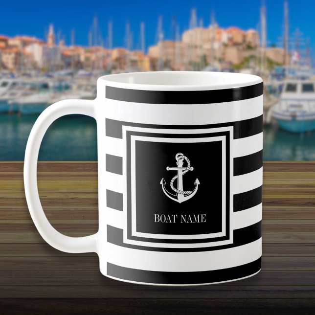 Taza De Café Nombre Del Barco Anclaje De Banda Blanco Y Negro (Boat Name Black And White Stripe Anchor Coffee Mug)