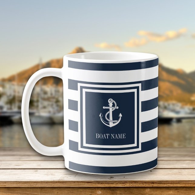 Taza De Café Nombre del barco franja azul marino ancla náutica (Boat Name Navy Blue Stripe Nautical Anchor Coffee Mug)