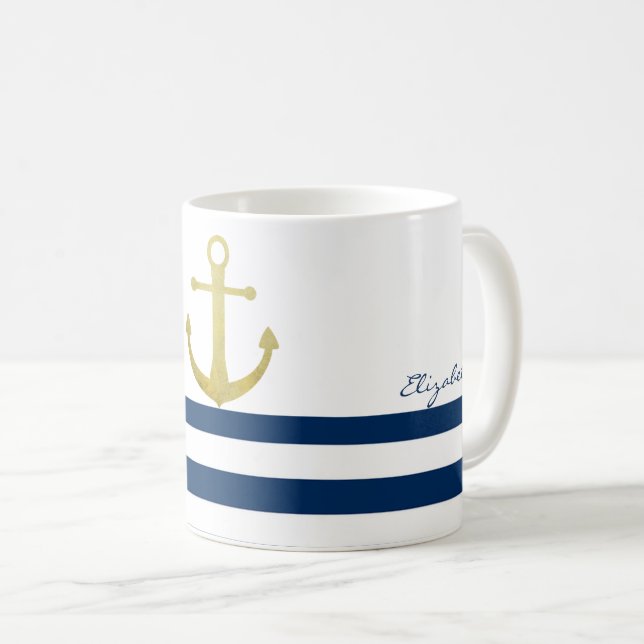Taza De Café Nombre del barco náutico, franjas azules de la mar (Anverso derecho)