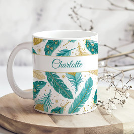 Taza De Café Nombre del guión de las plumas Verde azuladas y de