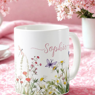 Taza De Café Nombre del guión del Personalizado rosado Wildflow