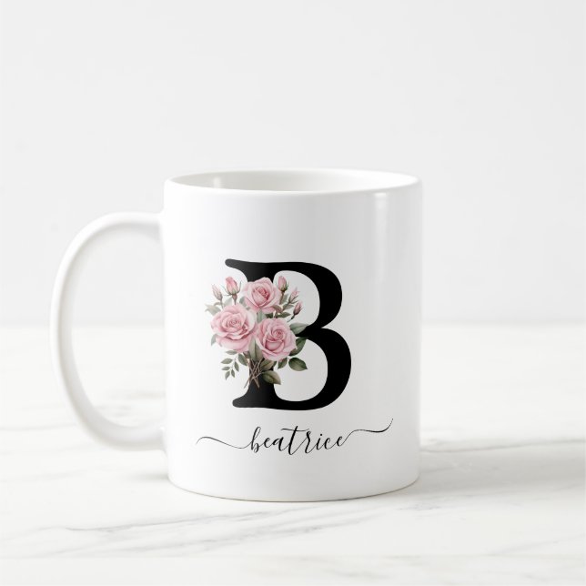 Taza De Café Nombre del Monograma de Flores Florales De Rosa B  (Izquierda)