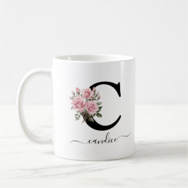 Taza De Café Nombre del Monograma de Flores Florales en rosas r