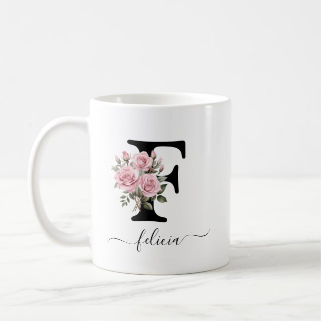 Taza De Café Nombre del Monograma de las Flores Florales de Ros (Izquierda)