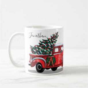 Taza De Café Nombre del monograma del camión rojo de árbol de