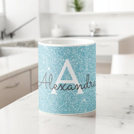 Taza De Café Nombre del monograma del Purpurina de la aguja azu
