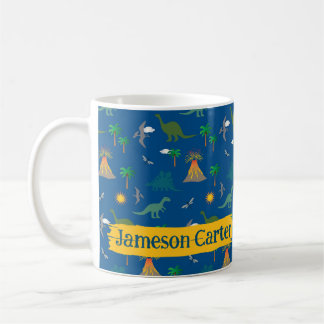 Taza De Café Nombre del patrón de dinosaurio azul lindo