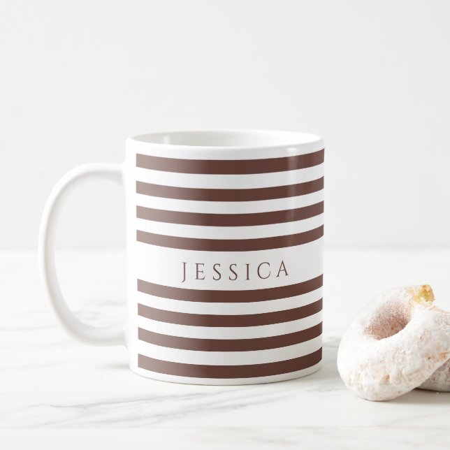 Taza De Café Nombre del patrón de rayas marrones personalizadas (Con donut)