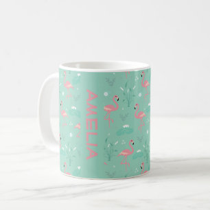 Taza De Café Nombre del patrón verde teal del flamenco rosa lin