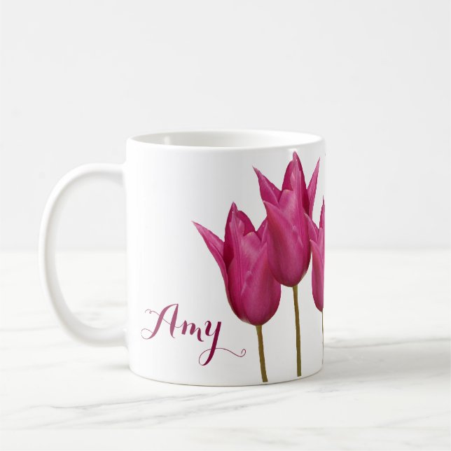 Taza De Café Nombre del personalizable Amy bonito tulipanes ros (Izquierda)