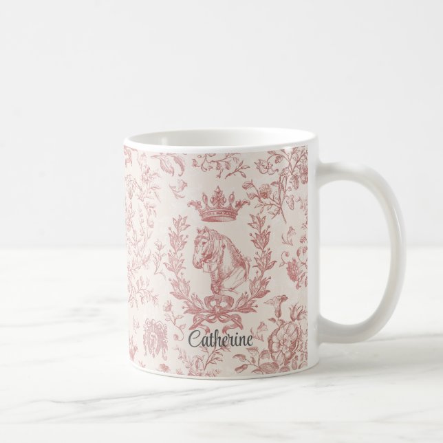 Taza De Café Nombre elegante rosa beige Toile Floral Ecuestre (Derecha)