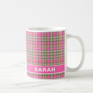 Taza De Café Nombre femenino de cuadros escoceses rosa y verde