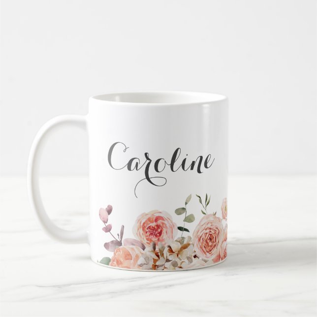 Taza De Café Nombre floral de acuarela rosa polvoriento (Izquierda)