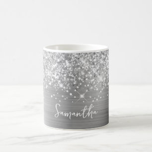 Taza De Café Nombre Glam Plateado Brillante