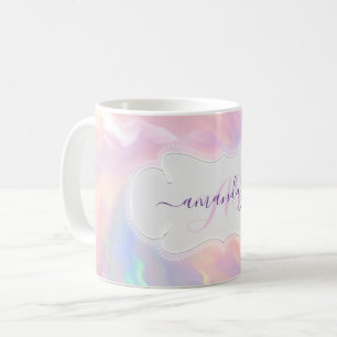 Taza De Café Nombre holográfico Monograma Rosa Girly Quinceañer