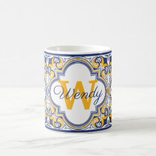 Taza De Café 💙💛 Nombre + inicial Azulejos