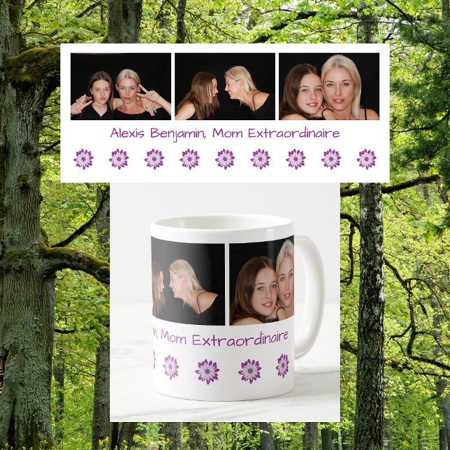 Taza De Café Nombre Mamá Extraordinaria Mejor Mamá Nunca + 3 Fo (Mom Extraordinaire. Or Best Mom Ever. Personalized name + 3 photos + flowers. Cute Mother's Day gift)