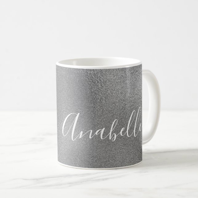 Taza De Café Nombre manuscrito personalizado purpurina gris pla (Anverso derecho)