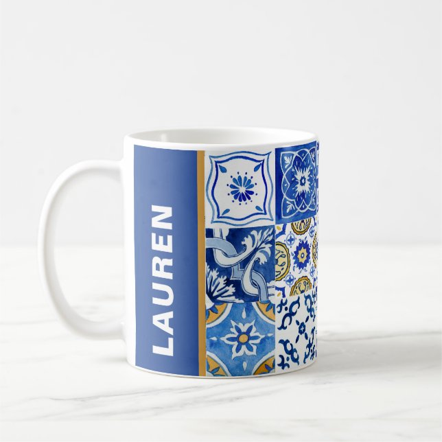 Taza De Café Nombre mediterráneo azul, blanco, amarillo acuarel (Izquierda)