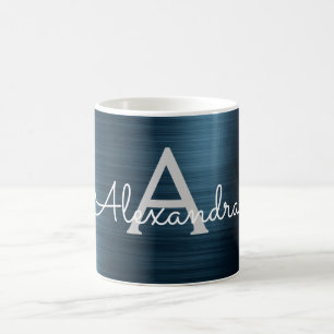 Taza De Café Nombre metálico elegante moderno azul del