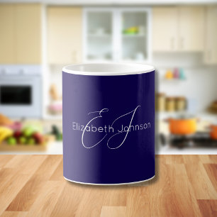 Taza De Café nombre minimalista clásico monograma azul y blanco