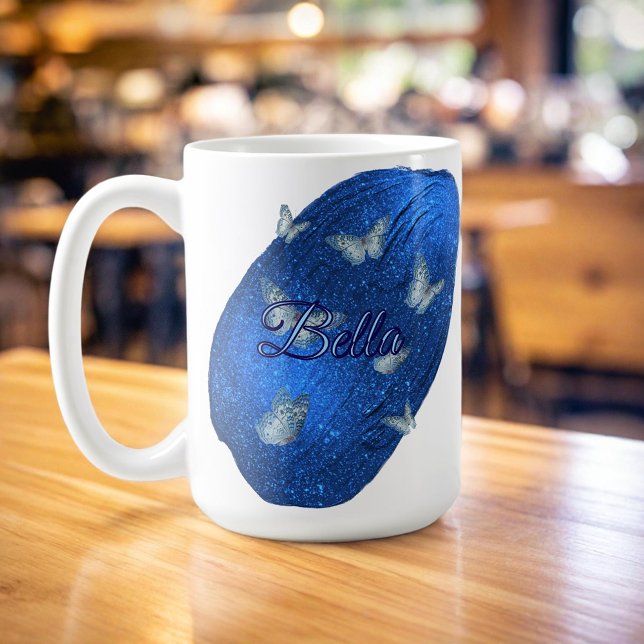 Taza De Café Nombre moderno brillante azul real con mariposas (Subido por el creador)