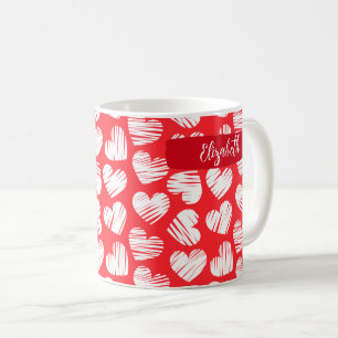 Taza De Café Nombre moderno de San Valentín cardíaco rojo y bla