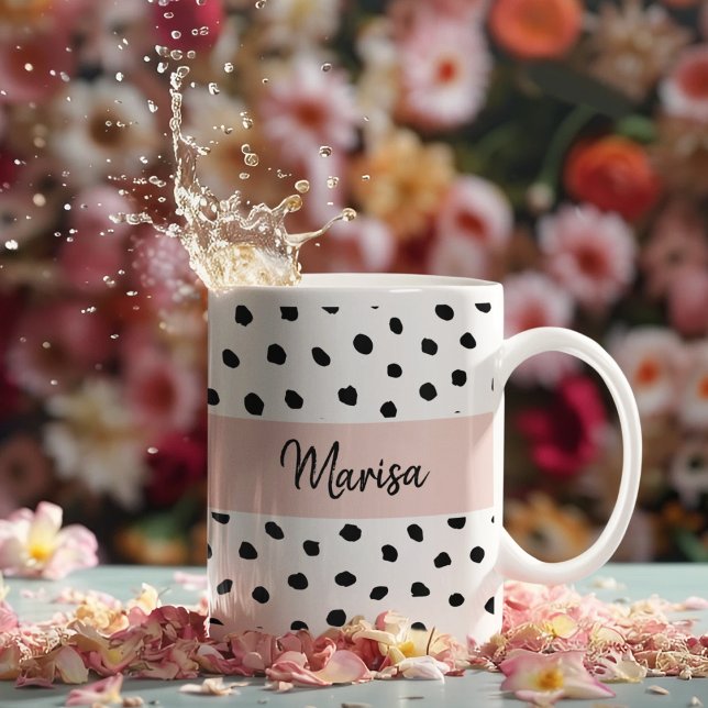 Taza De Café Nombre moderno del monograma | Puntos rosados y ne (Subido por el creador)