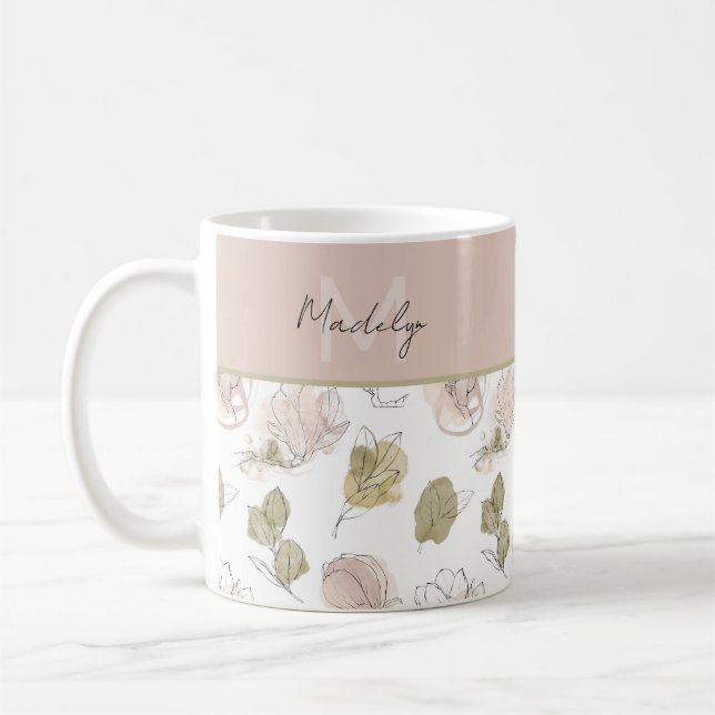 Taza De Café Nombre moderno Monograma Floral Girly (Izquierda)