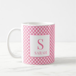 Taza De Café Nombre Monograma Cuadro de Cuadros Rosa Elegante