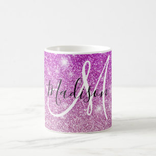 Taza De Café Nombre monograma destellos brillo purpura femenino