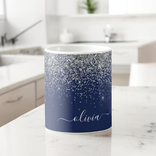 Taza De Café Nombre Monograma Femenino de Brillo Azul Marinho P