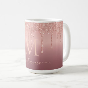 Taza De Café Nombre Monograma Rosa de texto Purpurina de oro Ca