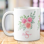 Taza De Café Nombre Monograma Rosa floral<br><div class="desc">Esta taza de bonito está decorada con un ramo acuático de rosas y follaje en tonos rosa,  coral y verde. Acuarela original © Michele Davies.</div>