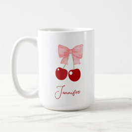 Taza De Café Nombre Mug con arco rosado y cerezas