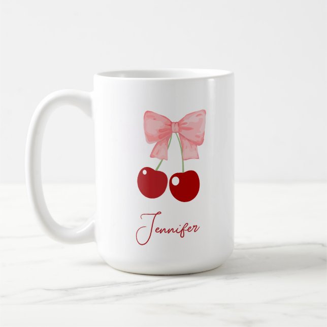 Taza De Café Nombre Mug con arco rosado y cerezas (Izquierda)