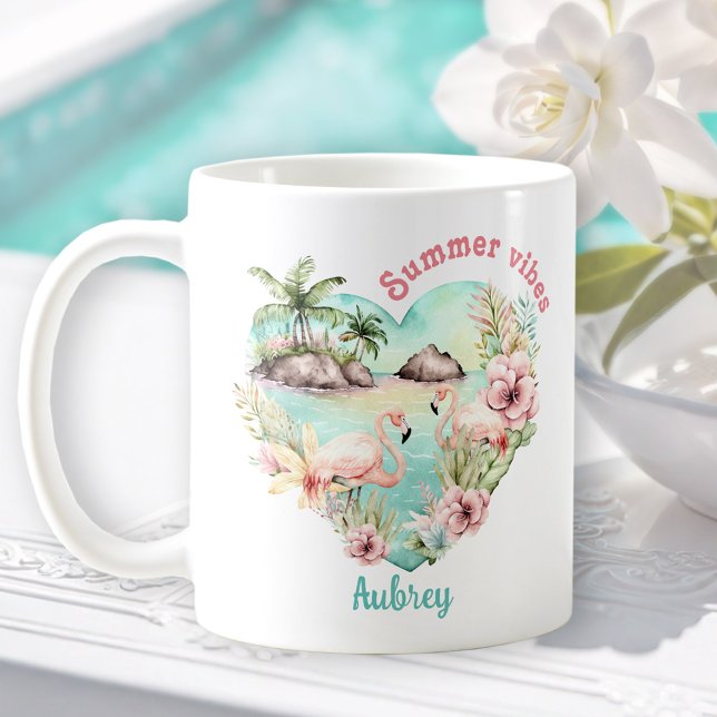 Taza De Café Nombre personal del corazón tropical de Flamingo (Flamingo Summer Heart Tropical Personalized Name Coffee Mug)