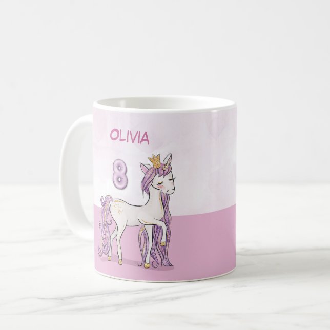 Taza De Café Nombre personalizado 8 cumpleaños caballo rosa con (Anverso izquierdo)
