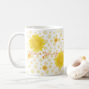 Taza De Café Nombre personalizado acuarela floral amarilla de p