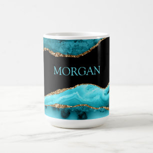 Taza De Café Nombre personalizado, ágata negra, dorada y verde