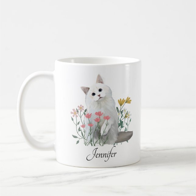 Taza De Café Nombre personalizado | Amantes del gato blanco (Izquierda)