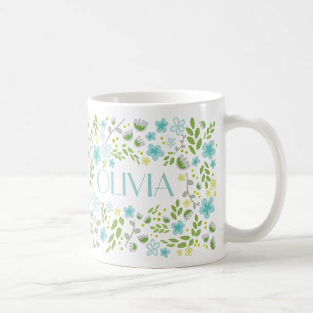 Taza De Café Nombre personalizado azul Aqua Bonito Floral Girly (Derecha)