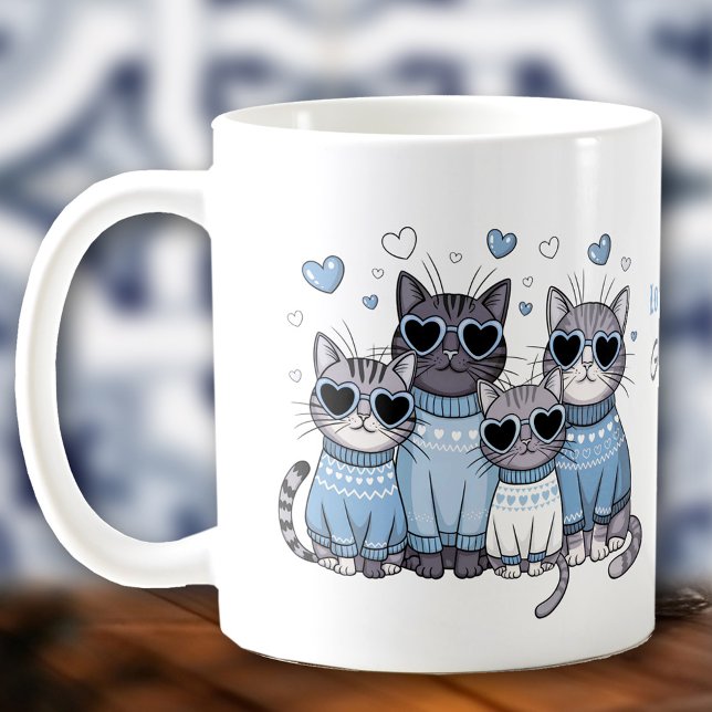 Taza De Café Nombre personalizado azul de San Valentín gatito l (Cute Cat Kitty Valentine Blue Custom Name Coffee Mug)