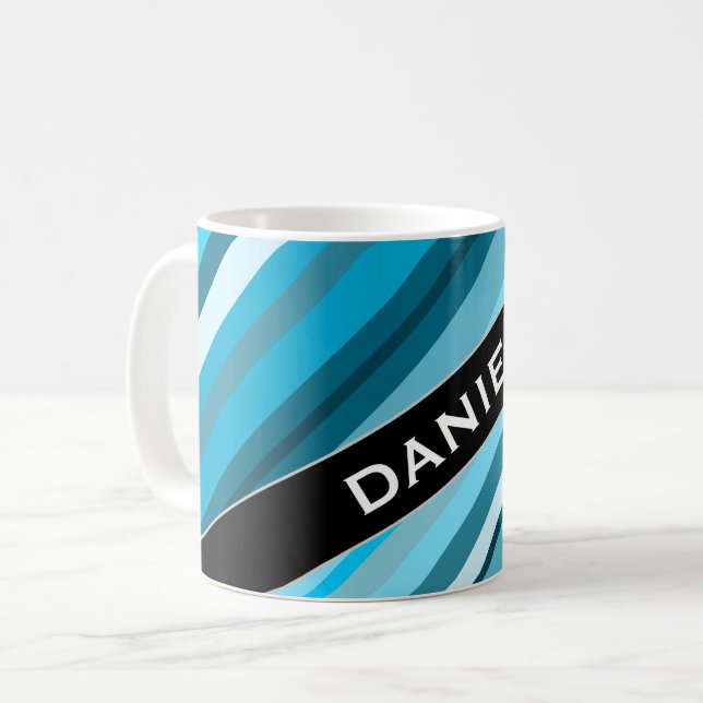 Taza De Café Nombre personalizado; Bandas azules/Verde azuladas (Anverso izquierdo)