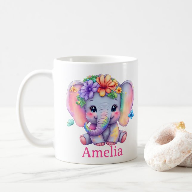 Taza De Café Nombre Personalizado Bebé Elefante Mug Floral Para (Con donut)