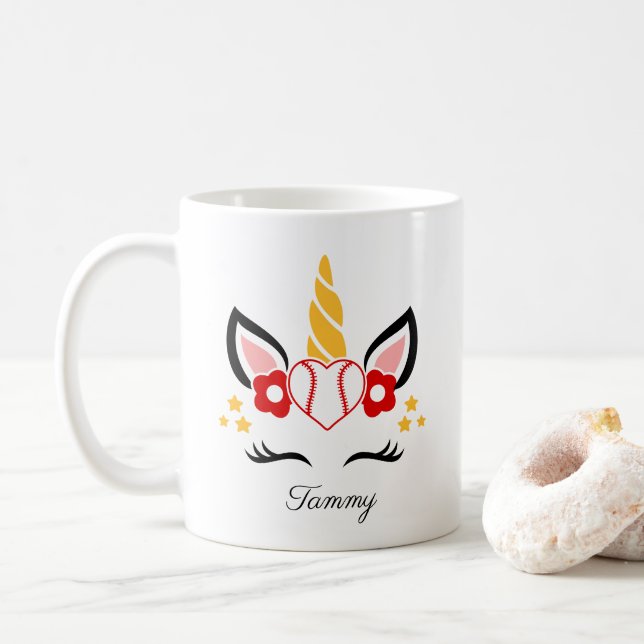 Taza De Café Nombre Personalizado Béisbol Unicornio Eyelashes (Con donut)