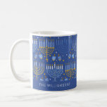 Taza De Café Nombre personalizado Blue Hanukkah Menorah<br><div class="desc">Celebre el Festival de las Luces con estilo con esta taza de café Hanukkah personalizada, con un hermoso diseño de la menorah azul. Personalizar la taza con tu nombre o el nombre de un ser querido para crear un regalo atento y único para las vacaciones. Perfecto para tomar sus bebidas...</div>