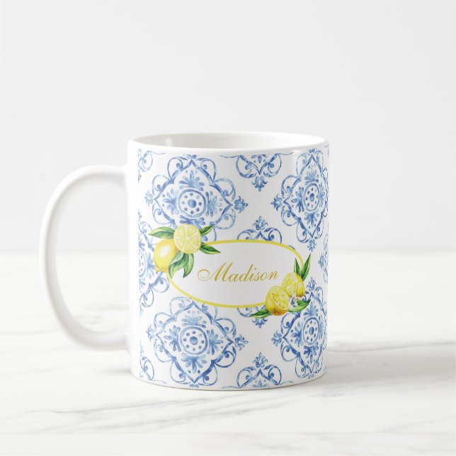 Taza De Café Nombre personalizado Blue Tile Lemon italiano Flor (Izquierda)