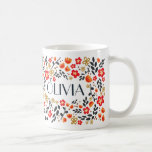 Taza De Café Nombre personalizado Bonito Floral Red Colorful Gi<br><div class="desc">Personalizar este Lovely Custom Name Bonito Mug con un original patrón de floral roja y hojas negras. Diseño jocoso, perfecto para un nombre corto. Para obtener un nombre más largo, haga clic en el botón Personalizar en la imagen del producto y podrá cambiar el tamaño del texto. También puedes ponerte...</div>