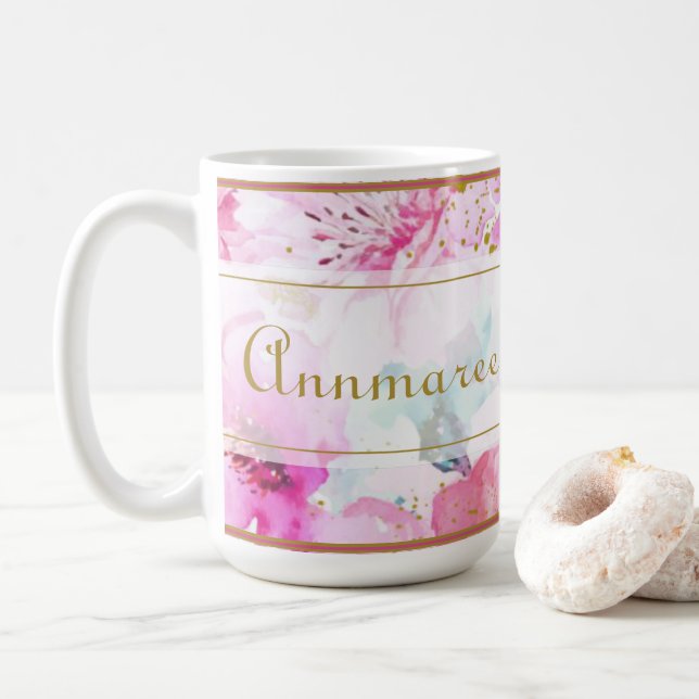 Taza De Café Nombre personalizado bonito Floral rosa y lata dor (Con donut)